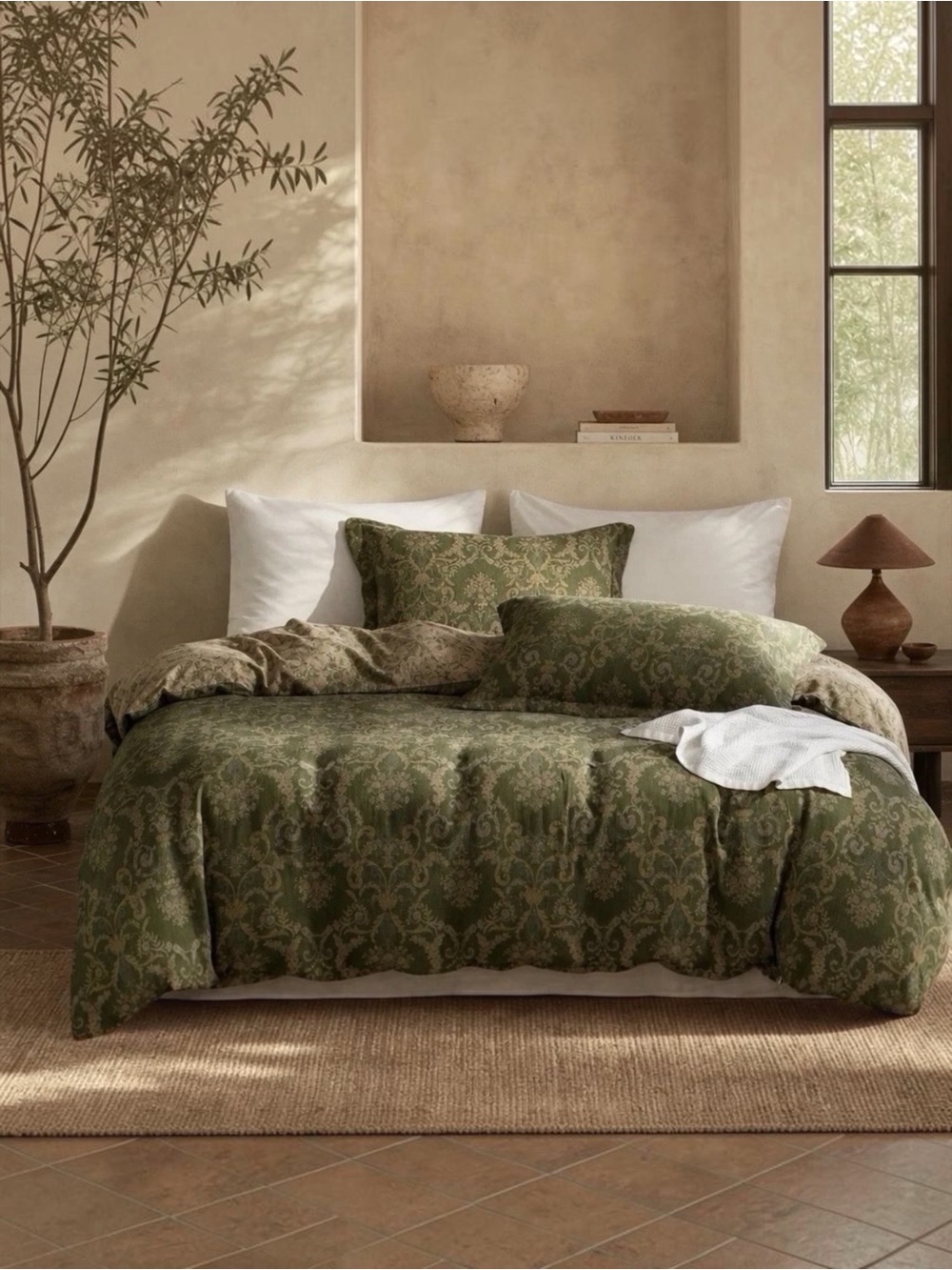 NEW Anthropologie Green Linen Reversible Queen / King Bedding Duvet & Sham Set
